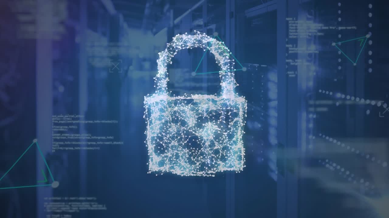 Animation of security padlock icon, data processing and plexus networks against computer server room