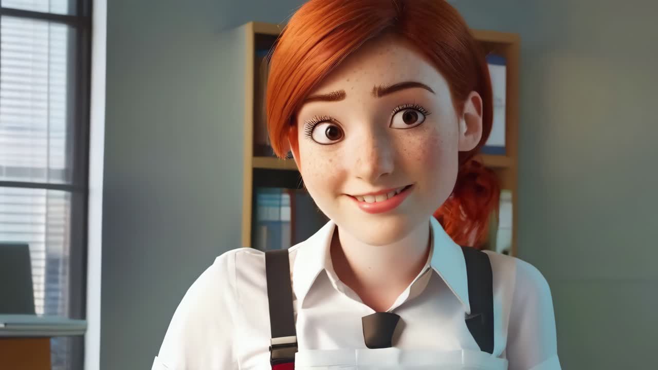 A woman with red hair is sitting in front of a desk with a laptop