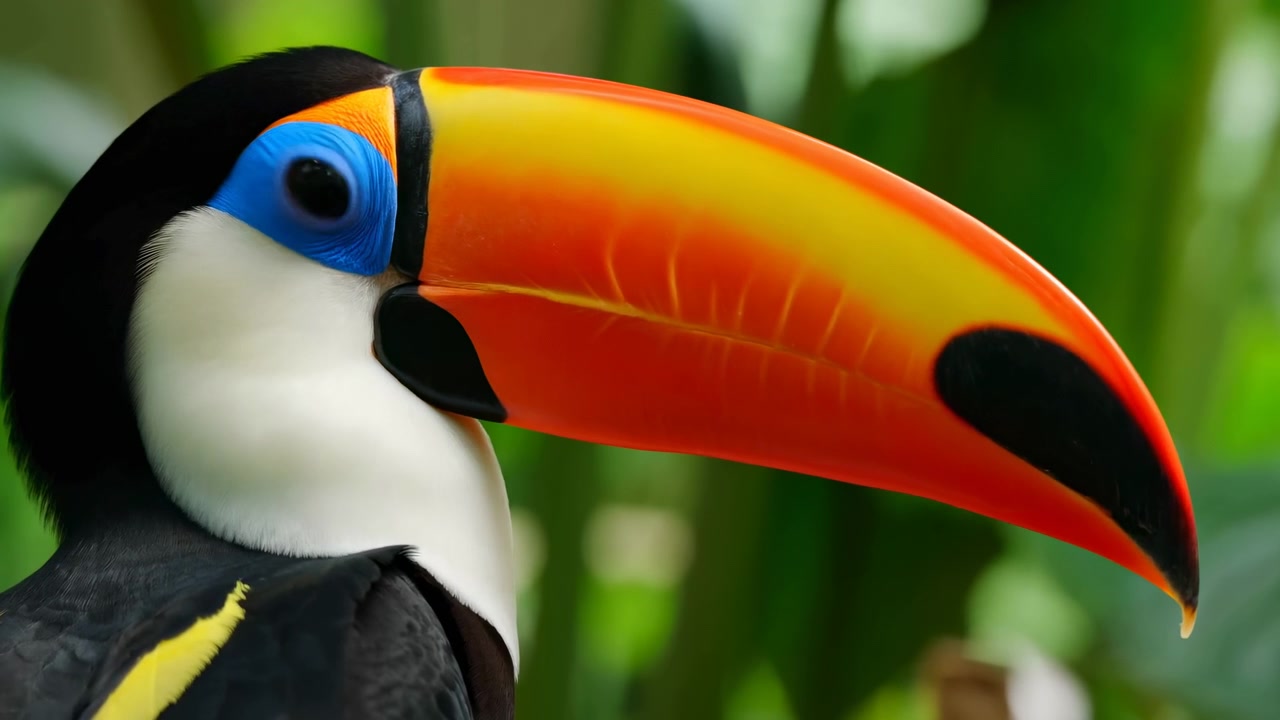 Close-up de cabeça de tucano vibrante em floresta tropical, bico laranja marcante e anel ocular azul, preto e branco brilhante