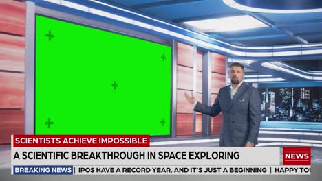 newsroom tv studio live news program: caucasian male presenter reporting news, uses big green screen chroma key screen. television cable channel anchor talks. network broadcast mock-up playback