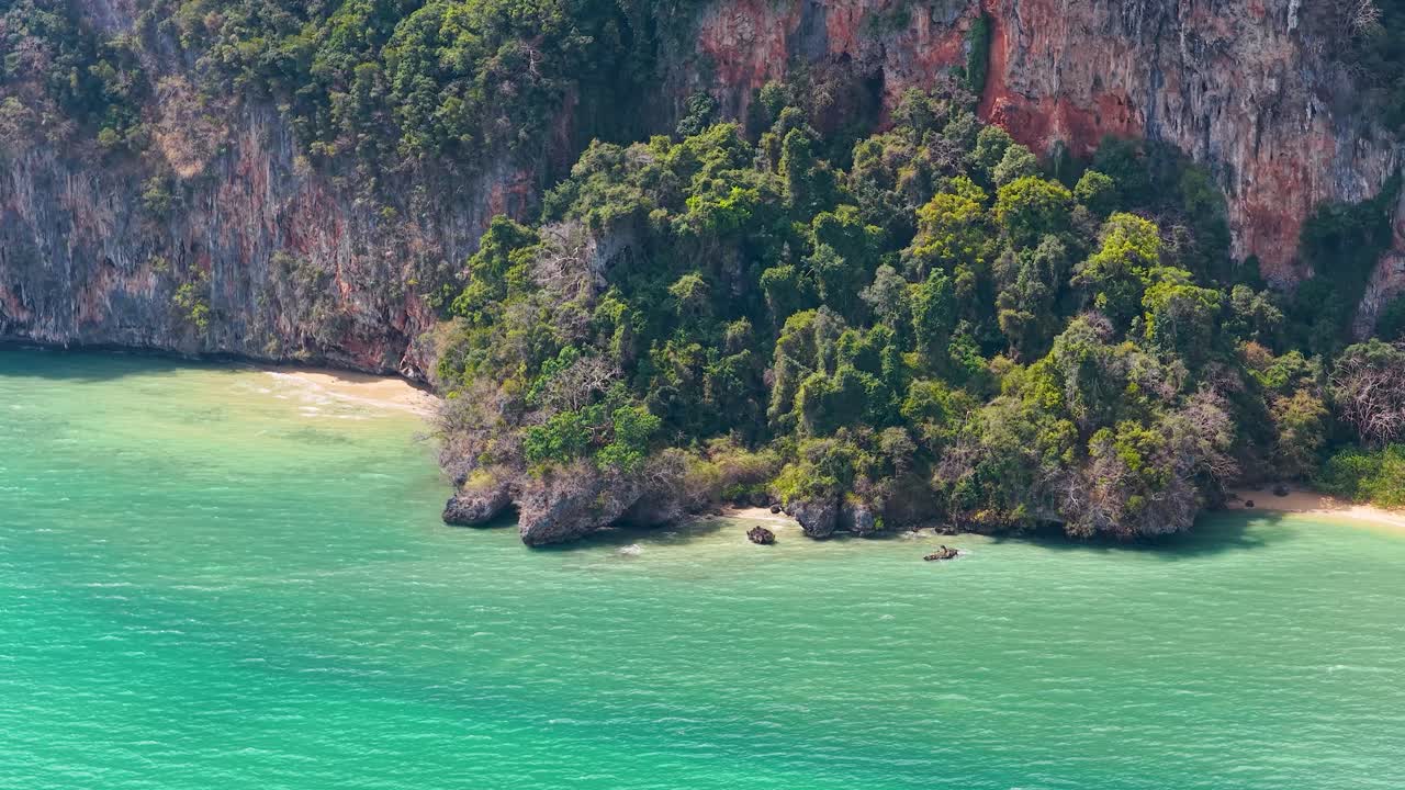 Ripresa aerea con drone: l'acqua turchese tropicale dell'oceano incontra le lussureggianti scogliere carsiche calcaree della giungla.