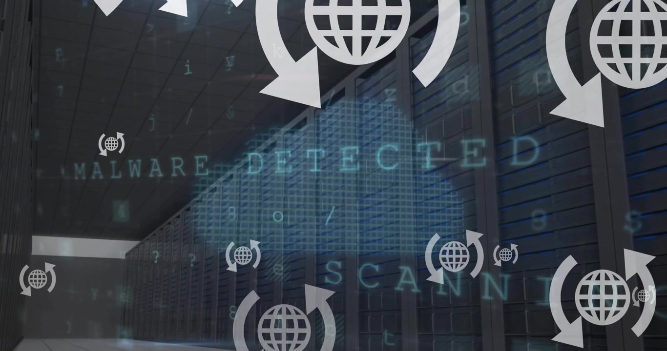 Animation of globe icons and data processing over computer servers