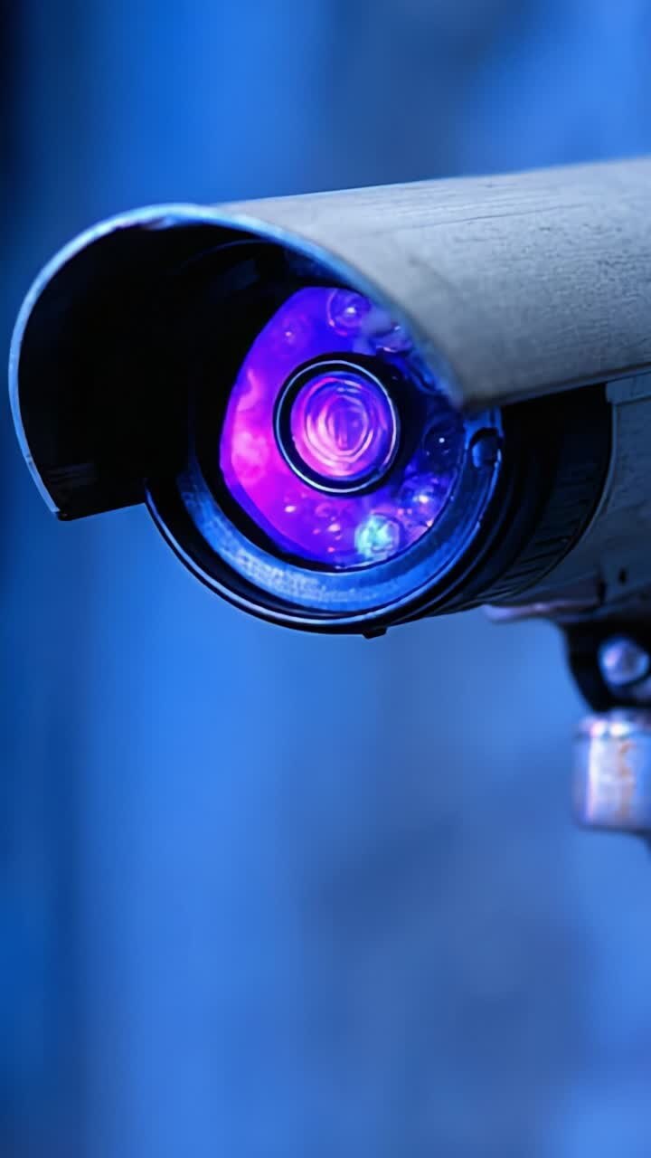 Close-up View of a Security Camera Lens Emitting Purple Light, Showcasing Advanced Surveillance Technology in a Modern Setting