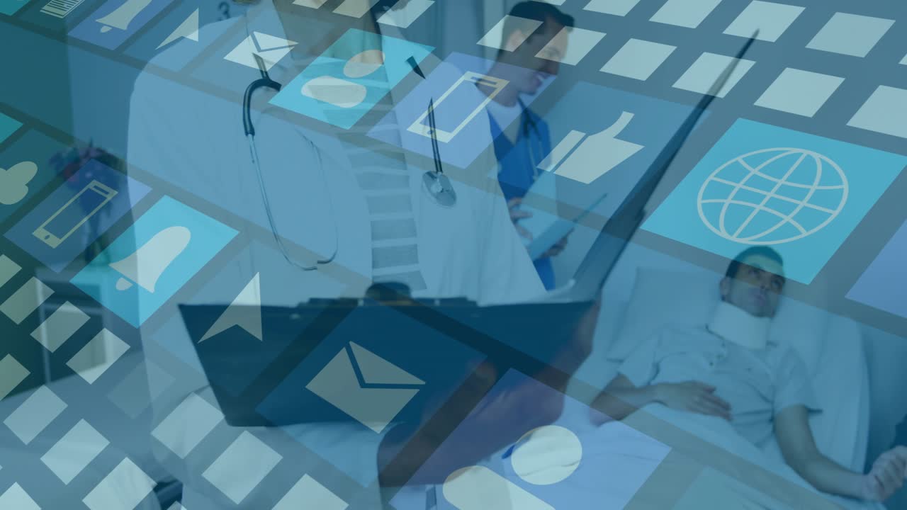 Data icons drifting in ward driving female doctor typing while male doctor updating patient chart