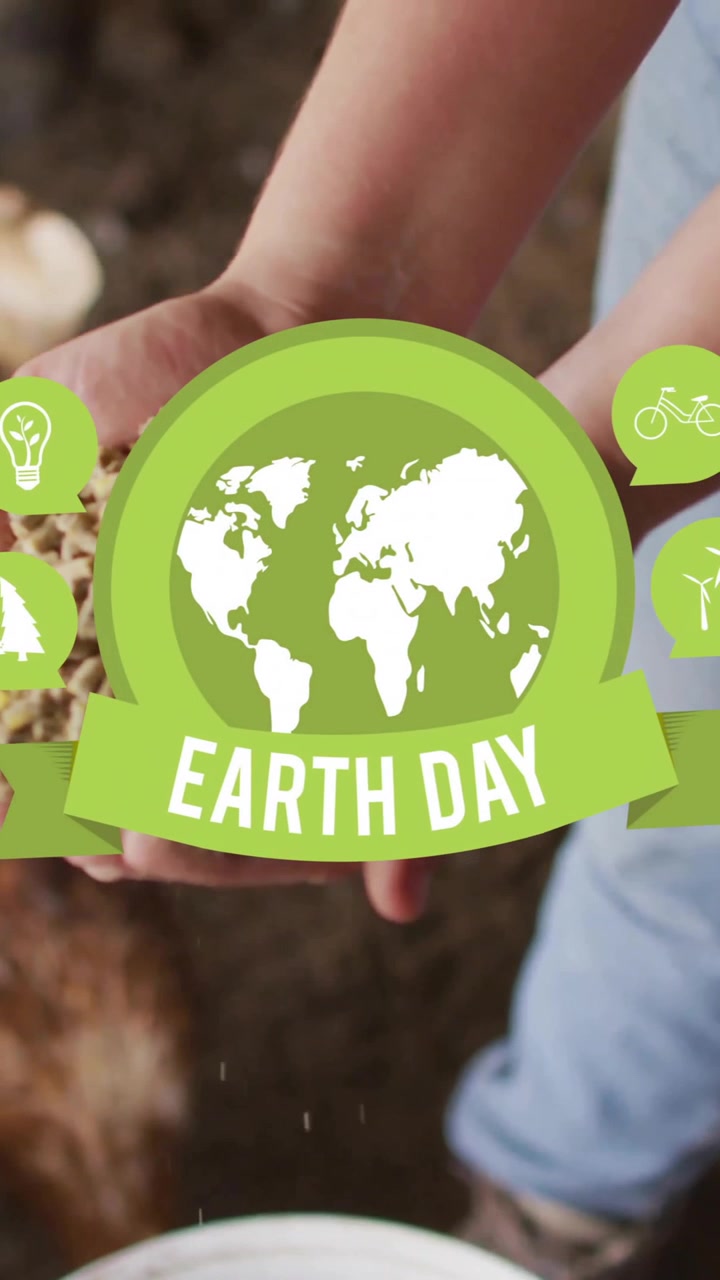 Dare da mangiare ai polli, animazione del Giorno della Terra con icone ecologiche sulla scena.