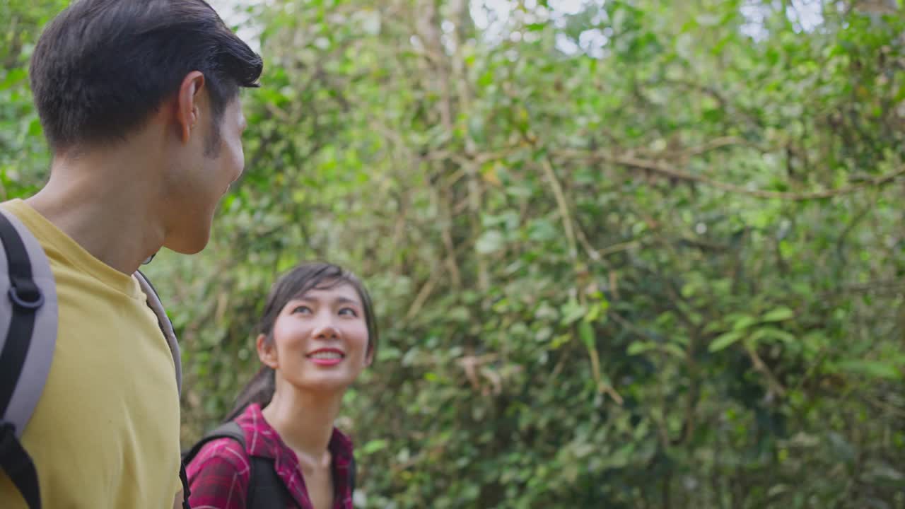 부부 가 울창 한 숲 에서 산책 하고 있다