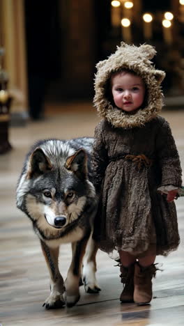 a child dressed in forest clothes accompanied by a faithful wolf companion at a fashion show