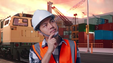 close up of asian male engineer with safety helmet thinking and looking around then raising his index finger while standing with freight cargo train at port