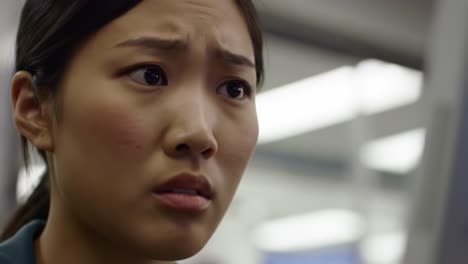 a young woman reads intently in a bustling library. her expression reveals deep concentration and concern as she processes the information.