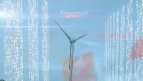 animation of wind turbine spinning with digital data streams and abstract patterns