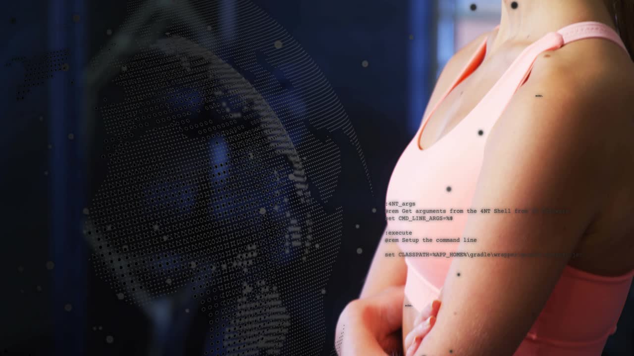 Camera zwenkt waardoor vrouw omdraait, dan armen kruist terwijl digitale aardbolcode technologie animeert.