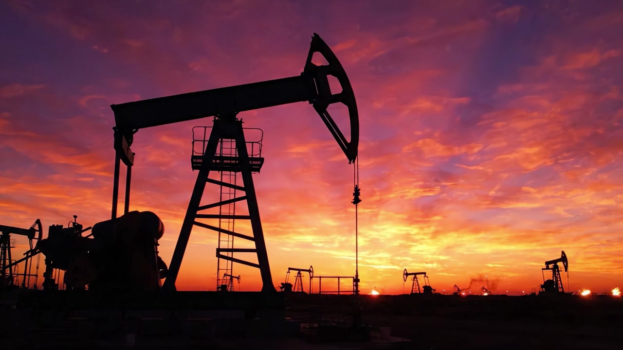 Silhouetted Oil Pumps Against a Dramatic Sunset Sky: A Visual Exploration of Industrial Extraction at Dusk