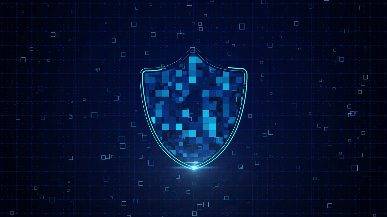 Digital Security Shield Icon with Data Pixels