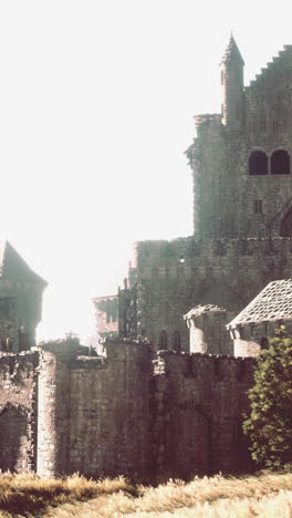 a stone castle with towers against a white sky