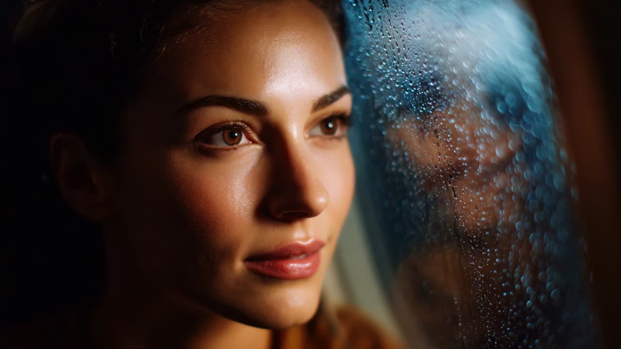 A contemplative woman gazes through a rain-speckled window, her expression reflecting deep thoughts and emotions as she observes the world outside, lost in her own reflections and memories