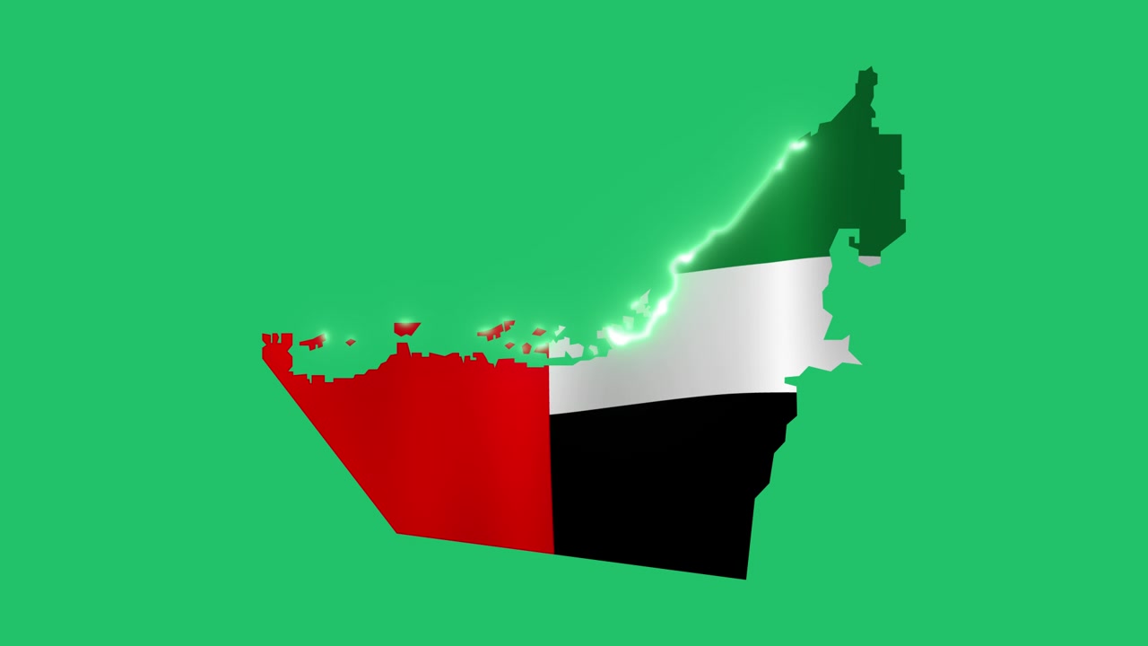United Arab Emirates Map with Flag and Glowing Outline on Green Screen