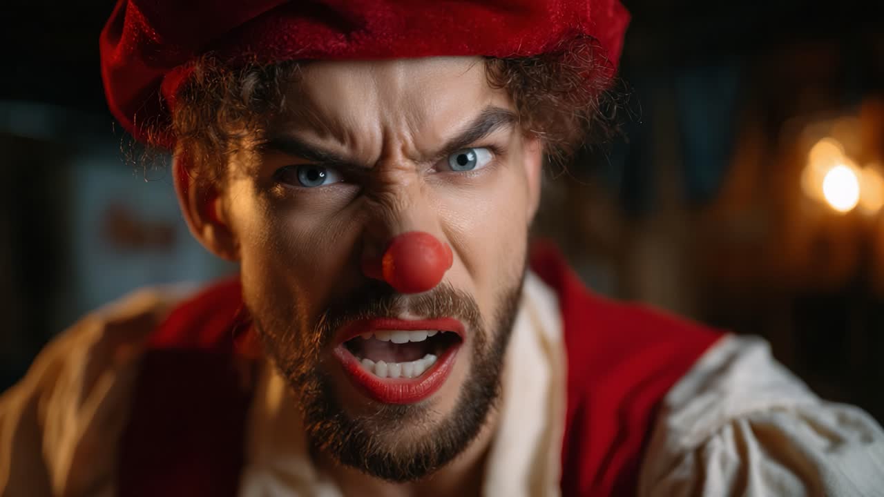 Intense Clown Portrait: A Dramatic Transformation Captured in Two Frames, Showcasing Emotion and Expressiveness Through Bold Makeup and Powerful Facial Expression