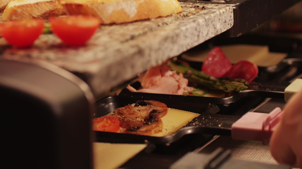 French Swiss or Spanish restaurant with traditional tapas food, Spanish cuisine, delicious tapas and cheese plate, bruschetta with cheese, olives dry tomatoes and tasty sandwich bar appetizer, buffet