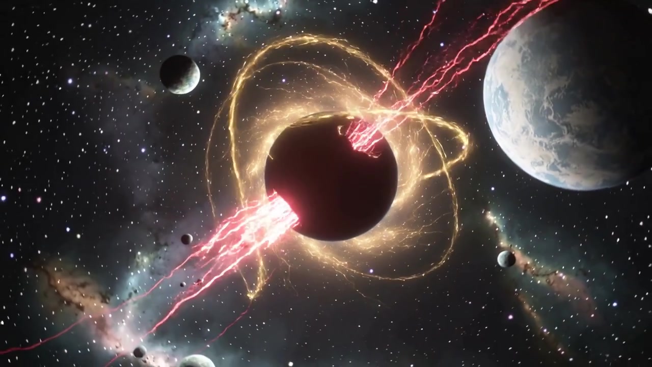 Evolving core with filaments rising into red beams reshaping gold loops drifting planets in space
