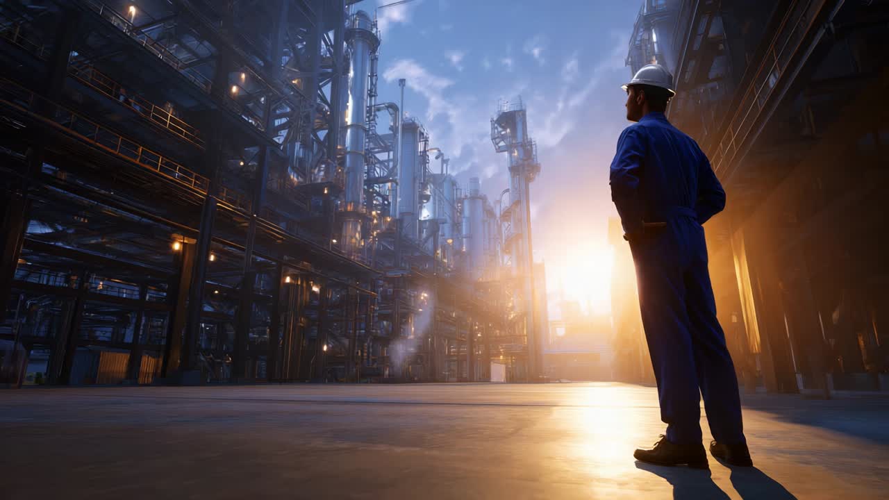 A worker stands in awe within the expansive industrial facility, surrounded by towering machinery and infrastructure, bathed in the warm glow of the setting sun, highlighting safety in engineering and the future of energy production