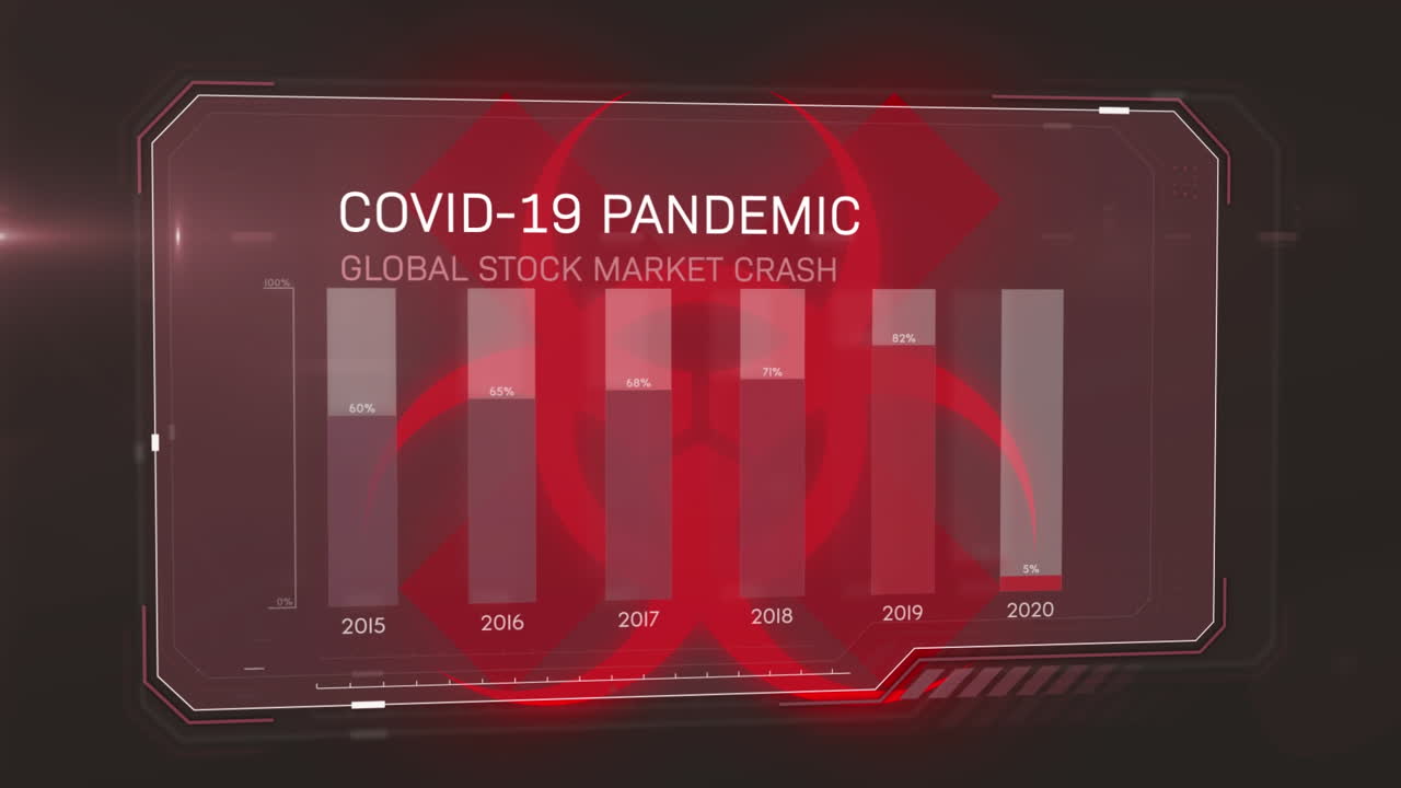 animación de las estadísticas sobre sobre el peligro biológico covid-19 signo de advertencia sobre fondo negro