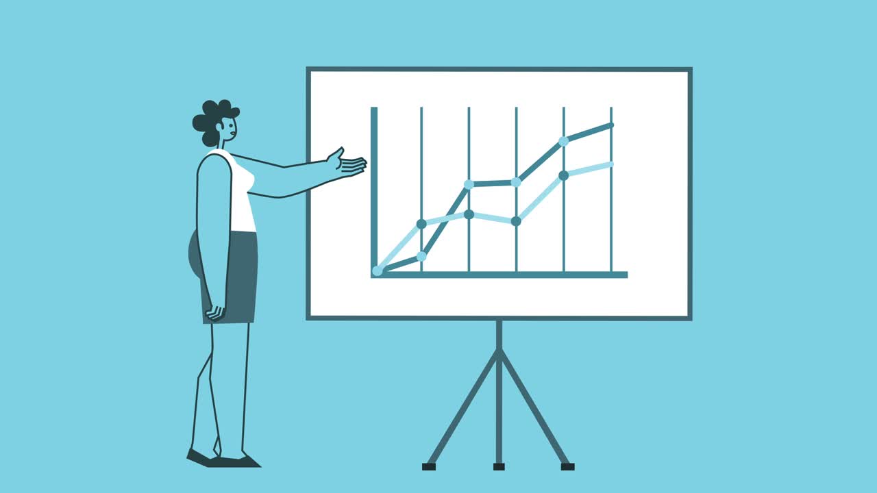 Flat Graphic Design Bold Woman Cartoon Character Talking Near Graph Board Isolated Loop 2d Animation