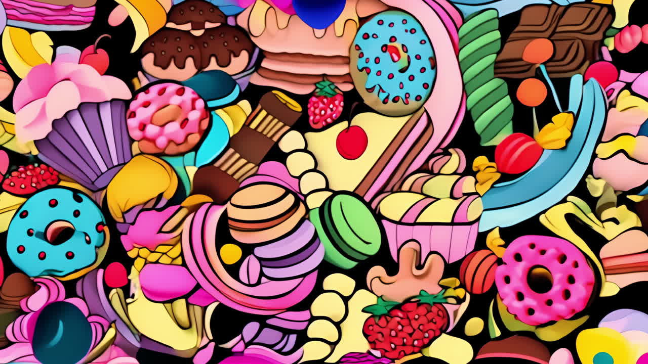 A vibrant and colorful collection of cartoon sweets and desserts