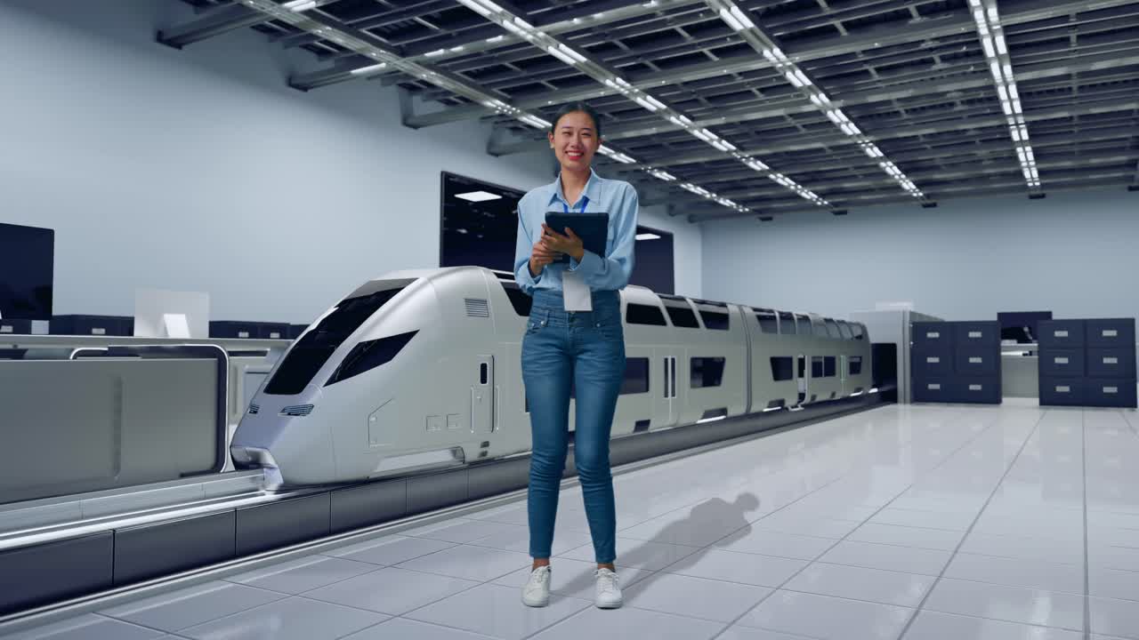 Full Body Of Asian Female, Futuristic High Speed Train in a Modern Testing Facility, Typing On Tablet'S Keyboard And Looking Camera And Smiling