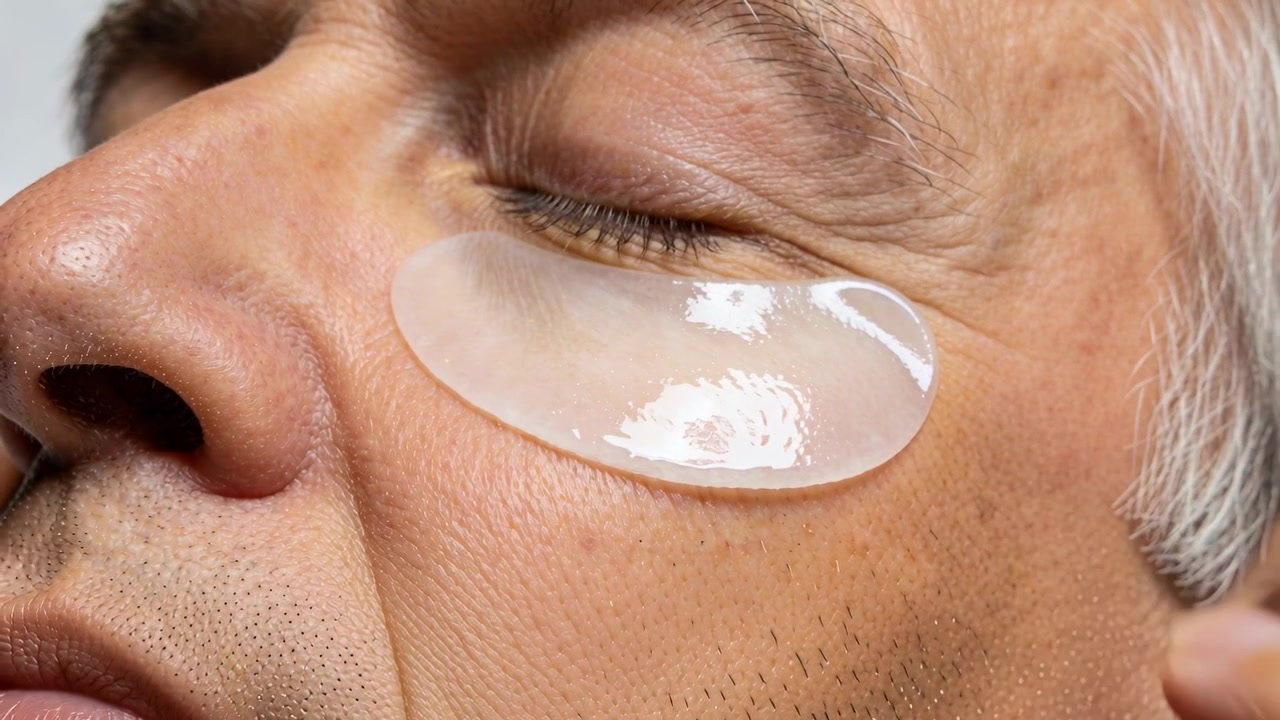 Pressing fingertip, senior man smoothing hydrogel under-eye patch on cheek in studio, soothing skin