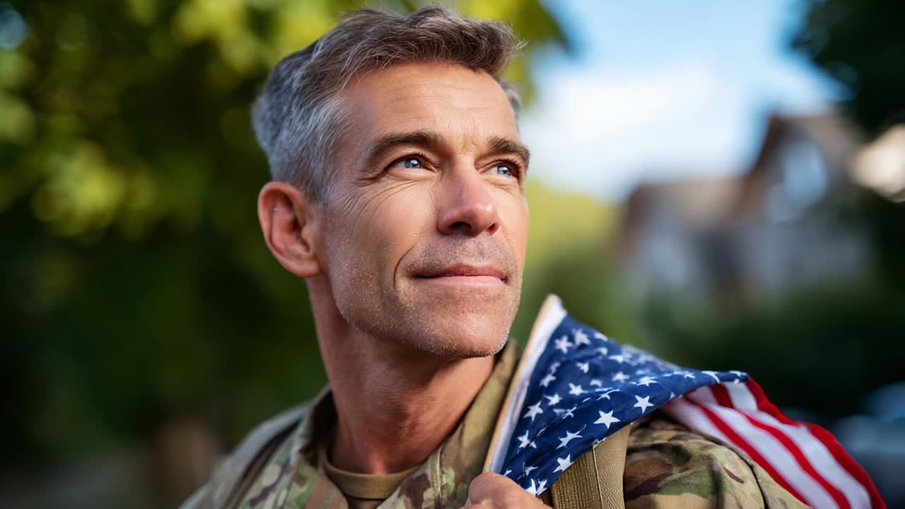 A reflective soldier adorned with an American flag draped over his shoulder, exudes a sense of pride and resilience while surrounded by vibrant greenery, capturing a moment of contemplation and strength