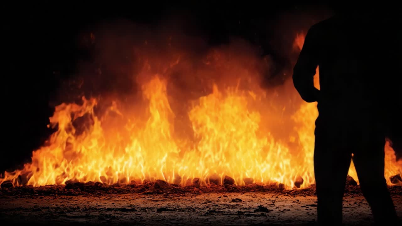 En slående kontrast av figurer midt i det brennende infernoet: Spillet av lys og skygge mot et bakteppe av rasende flammer i en dramatisk scene