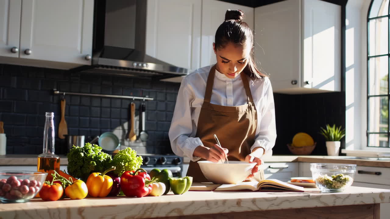 mujer cocinando en una cocina moderna