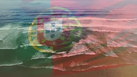 animation of flag of portugal blowing over waves in sea