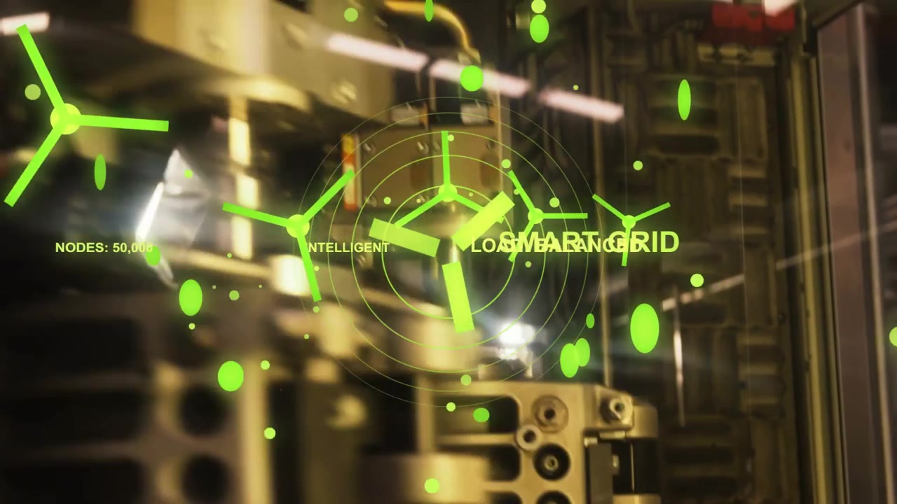 HUD che appare su un assemblaggio metallico all'interno di un armadio, la telecamera zooma verso l'interno, evidenziando la SMART GRID.