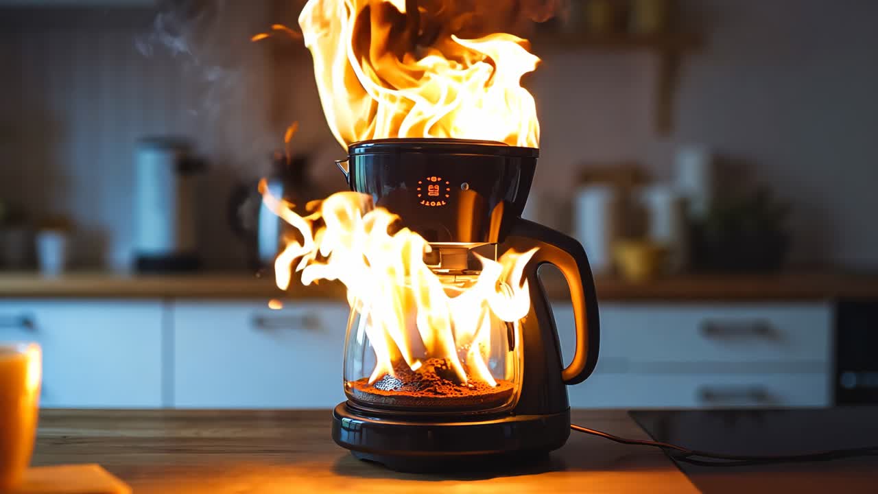 부 카운터에 불타는 커피 메이커