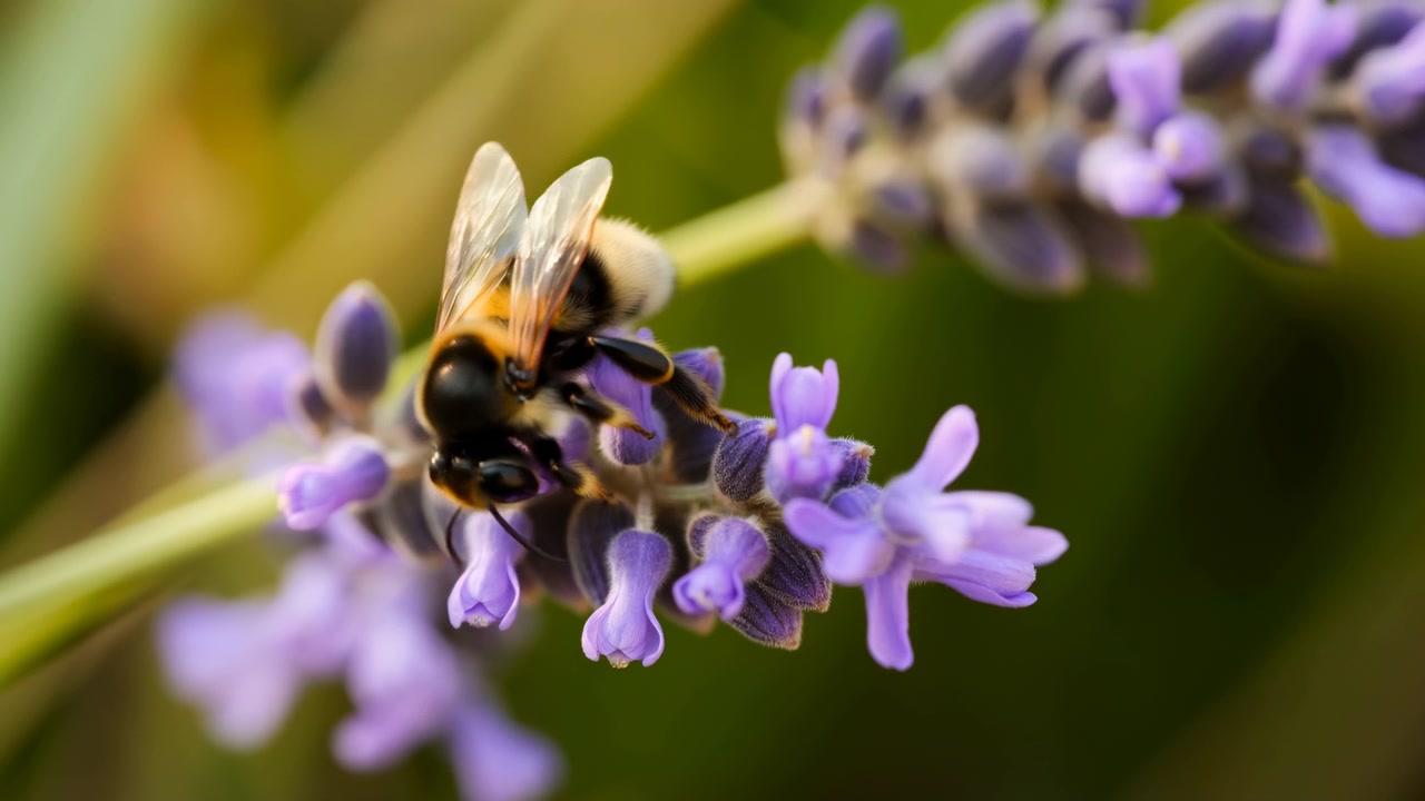 Close macro view follows a bee moving along a lavender stem, gripping clustered violet flowers and changing position as its wings lift and settle within soft golden light and green blur.