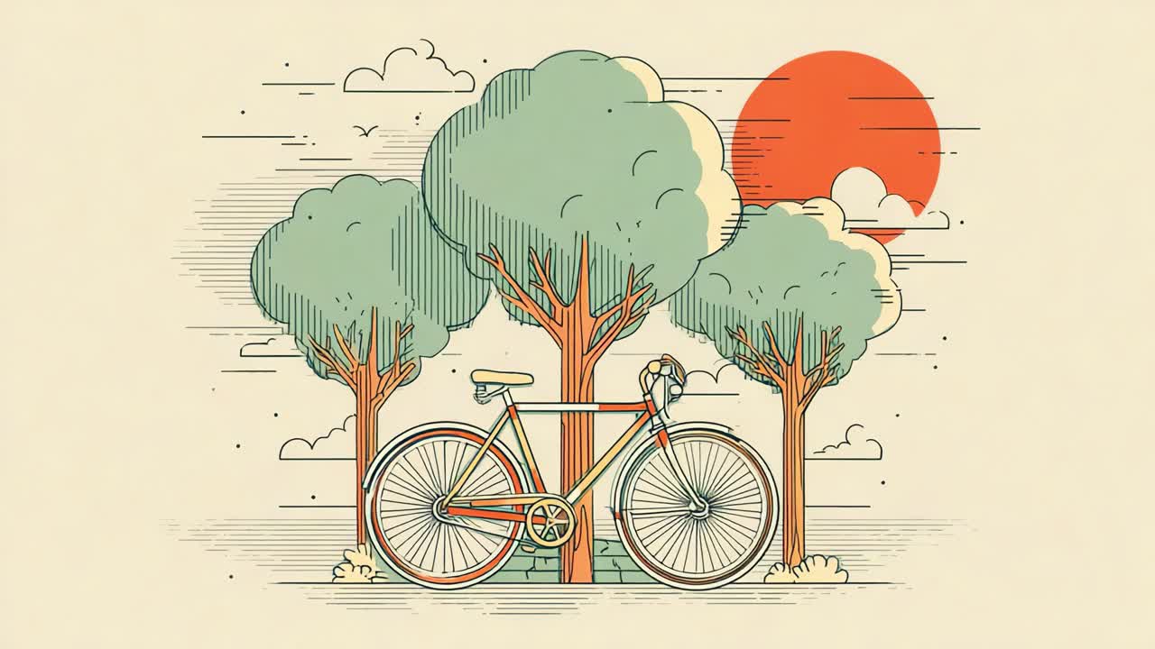 A beautifully illustrated bike stands among stylized trees under a vivid sun, showcasing a serene moment in nature, perfect for lovers of outdoor adventures and cycling