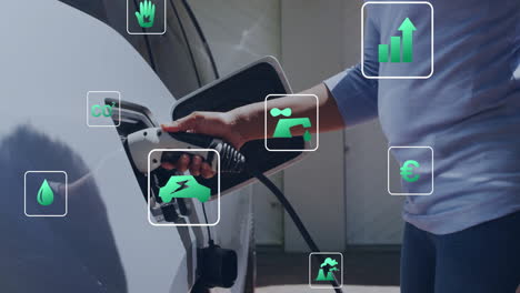 animación de iconos ecológicos y procesamiento de datos sobre hombre caucásico cargando coche eléctrico