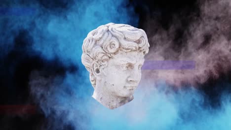 animation of antique head sculpture over blue and grey clouds on black background