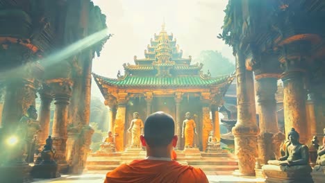 a man in an orange robe sitting in front of a temple