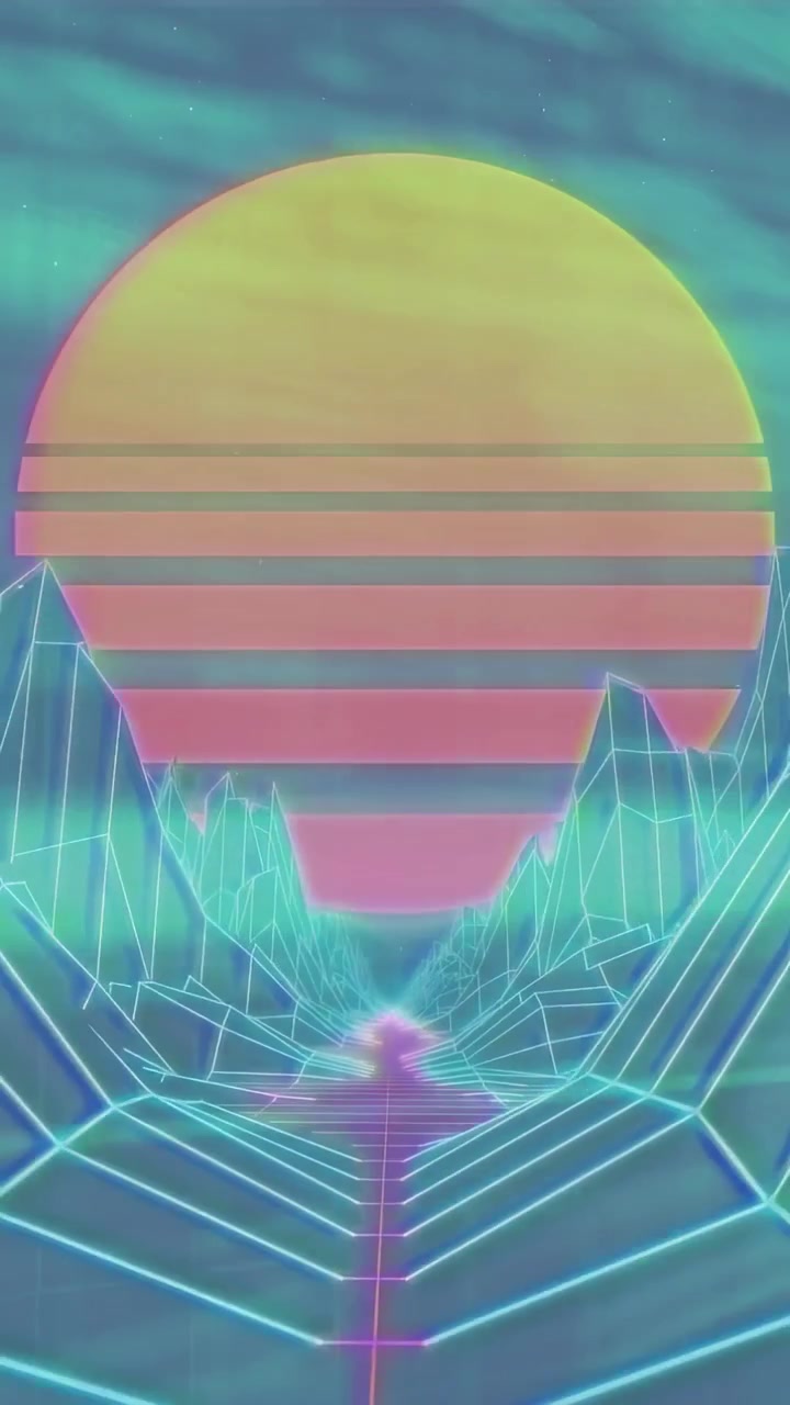 Video verticale: Codice glitchato che genera scintille solari e griglia in movimento, rivelando un orizzonte synthwave al neon.