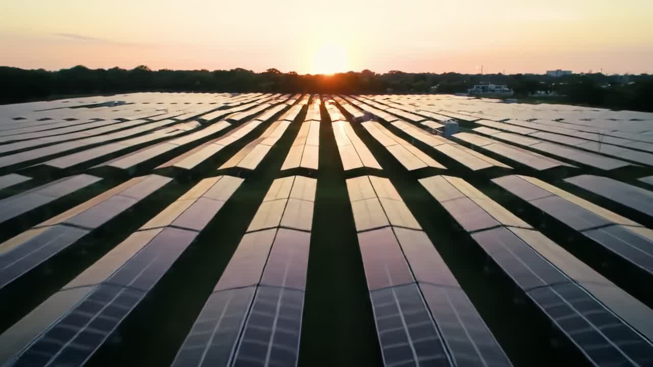 Rows of solar panels stretch across the landscape as the sun rises on the horizon. This renewable energy site showcases an investment in sustainable power generation.