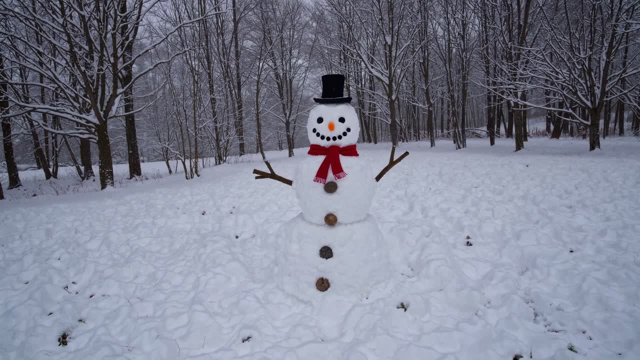 Wide-angle video captures a cheerful snowman in a snowy forest, showcasing a whimsical winter scene