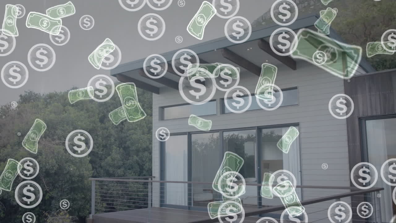 Dollar signs and money bills animation over modern house exterior