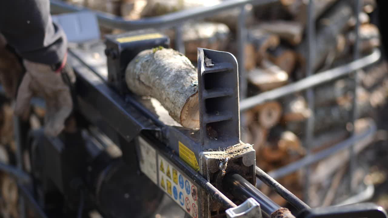 máquina cortadora de troncos cortando madera, cámara lenta manual estática, profundidad de campo poco profunda