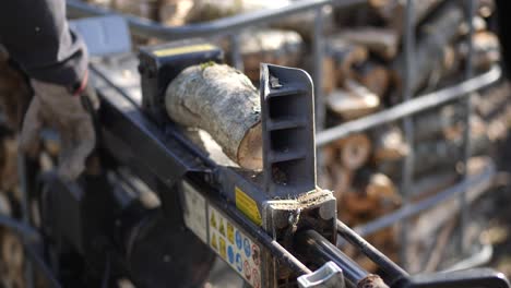 log cutting machine chopping wood, static handheld slow motion, shallow depth of field