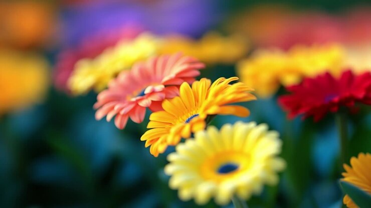 Flores vibrantes en flor. Una diversa variedad de flores coloridas exhibe pétalos de color amarillo brillante, naranja y rojo en un exuberante jardín durante la primavera