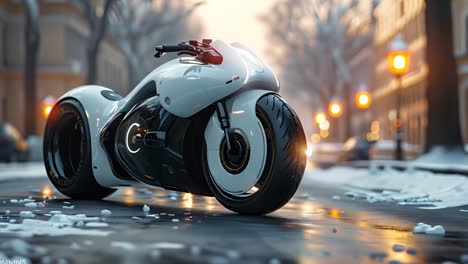 futuristic white motorcycle on a wet winter street