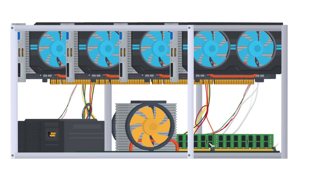 granja de minería. animación de una tarjeta de video para la minería de criptomonedas. dibujos animados