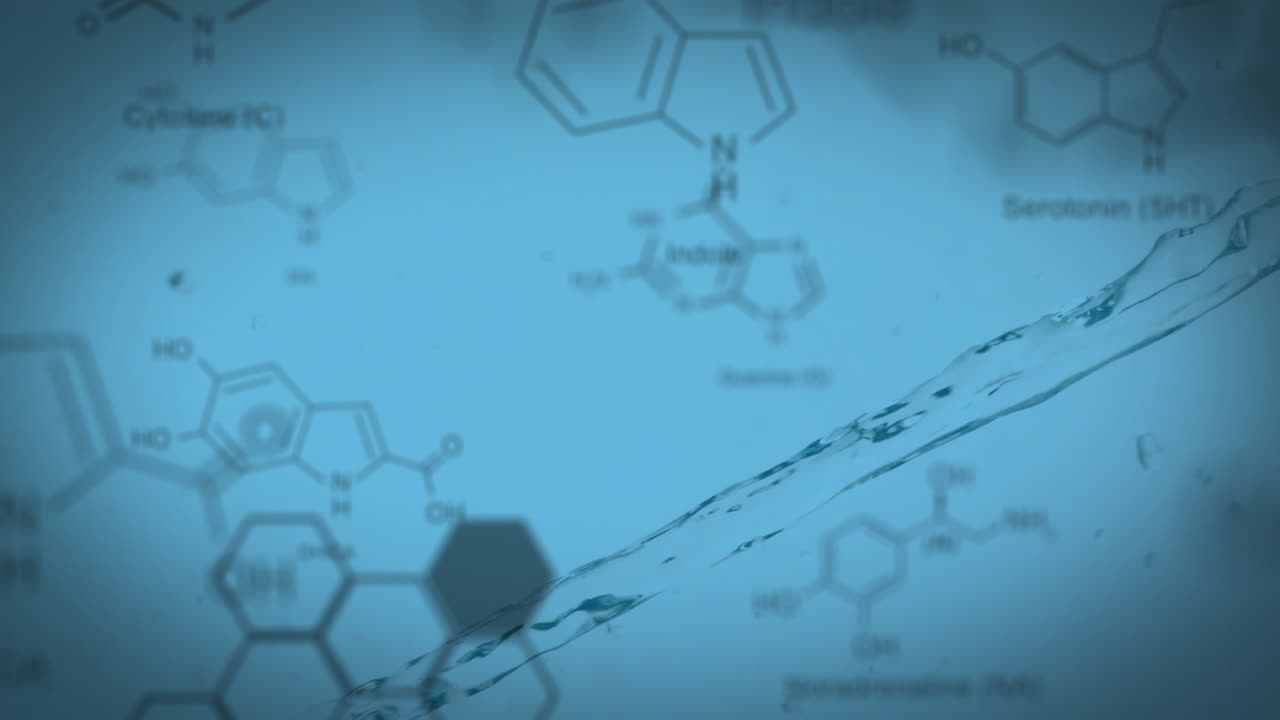 Animation of multiple molecule structures over stream of chemical against blue background